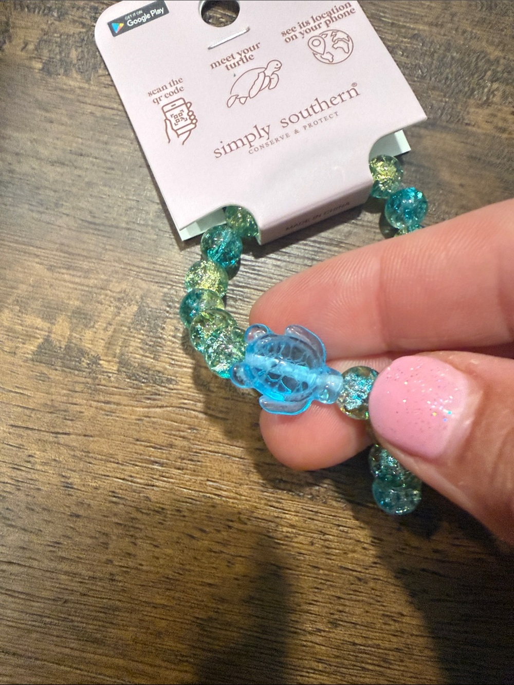 Simply Southern Teal and Lime Crackle Bead Turtle Bracelet 🐢 - Picture 2 of 3